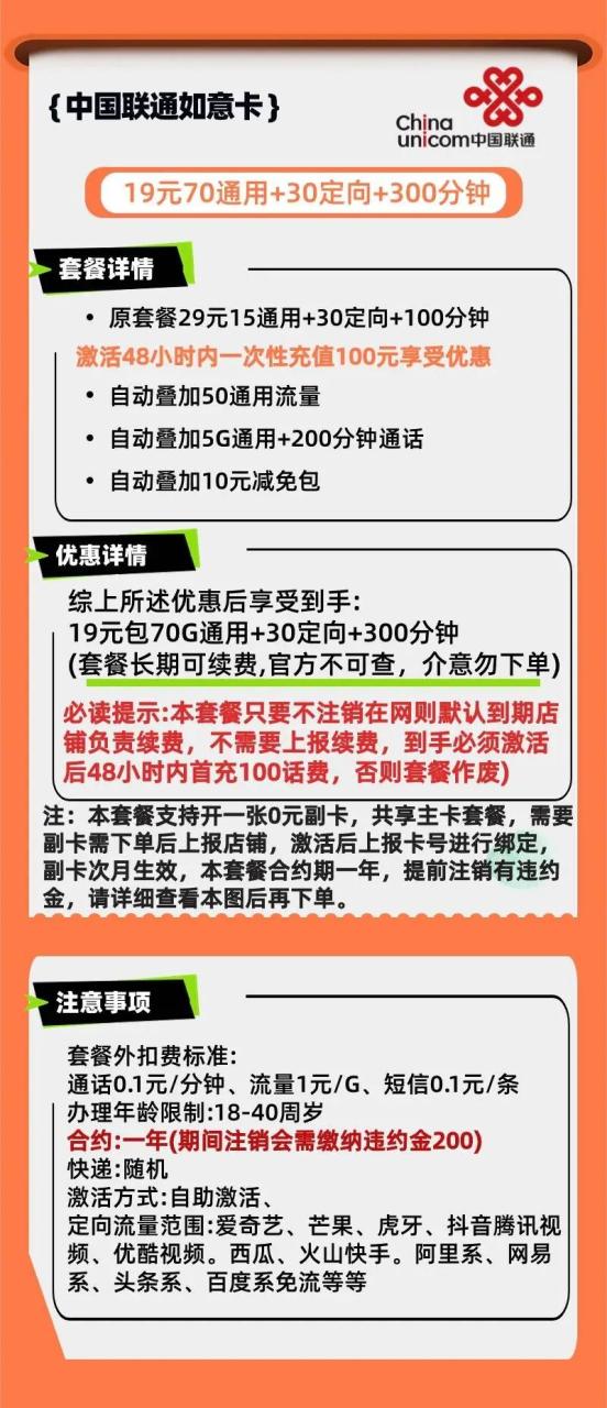 联通 19 元流量卡，长期 19 元的极致性价比之选，100G 流量+300 分钟通话+0 元副卡等你来！